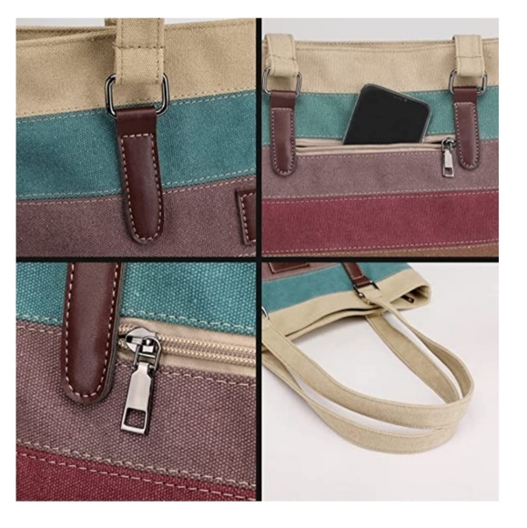 Canvas Multi-Color Striped Lattice Crossbody Shoulder Purse Bag Tote-Handbag NEW - Picture 5 of 7
